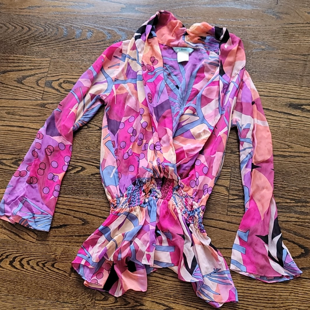 Marciano Chiffon Smocked Peplum Colorful Top